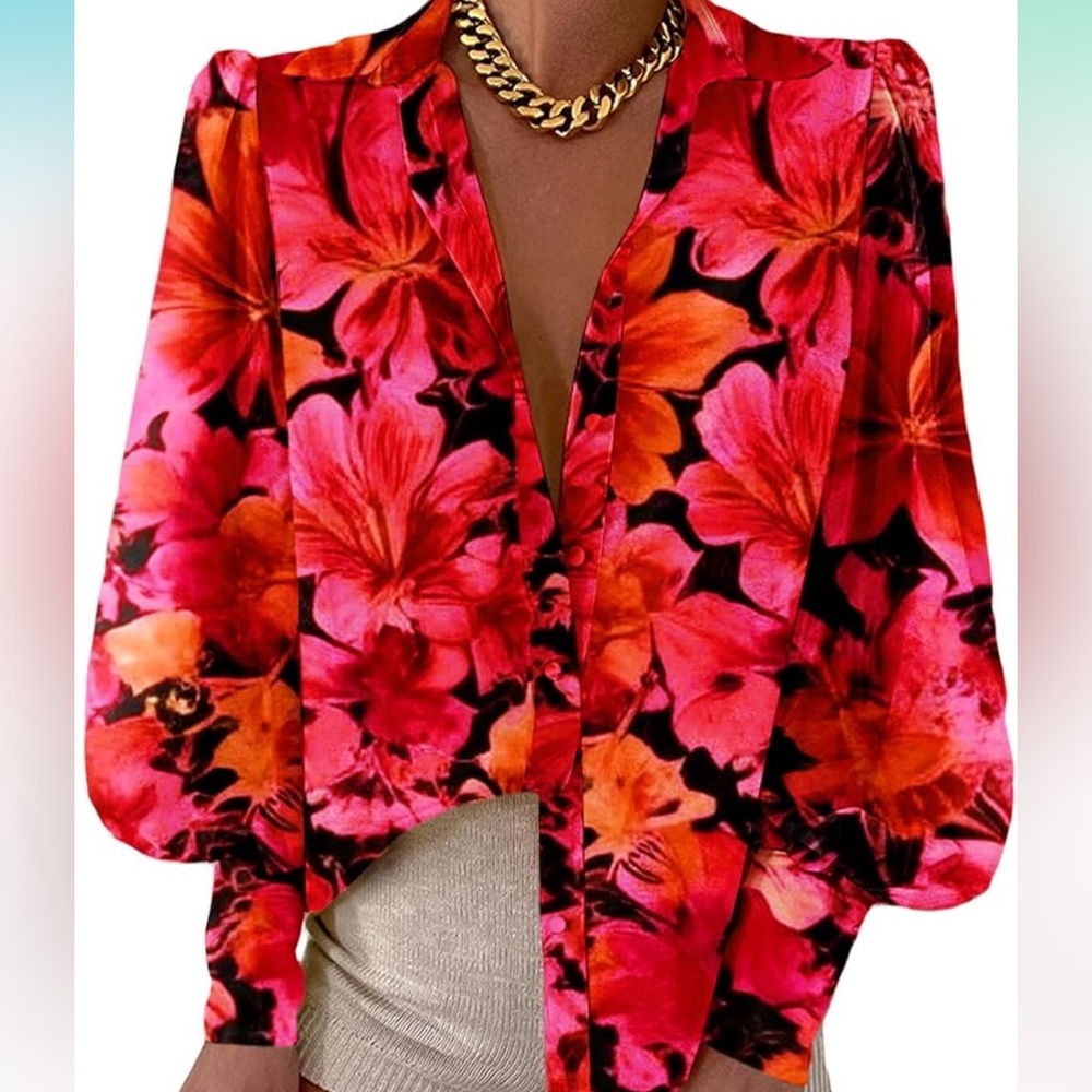 EVALESS Womens Tops Button Down Shirts Print Long Sleeve Blouse - Size M